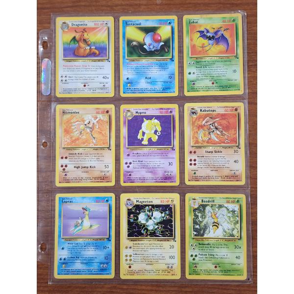 NINE Assorted Vintage Pokemon Trading Cards Including Fossil & Base Set - Dragonite, Lapras & More!