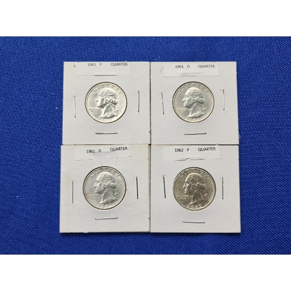 x4 U.S. Silver Washington Quarters 1961-P&D /1962-P&D FV: $1.00