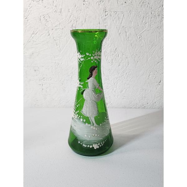 Vintage Mary Gregory Hand-Painted Enamel Green Glass Vase With Gold Rim