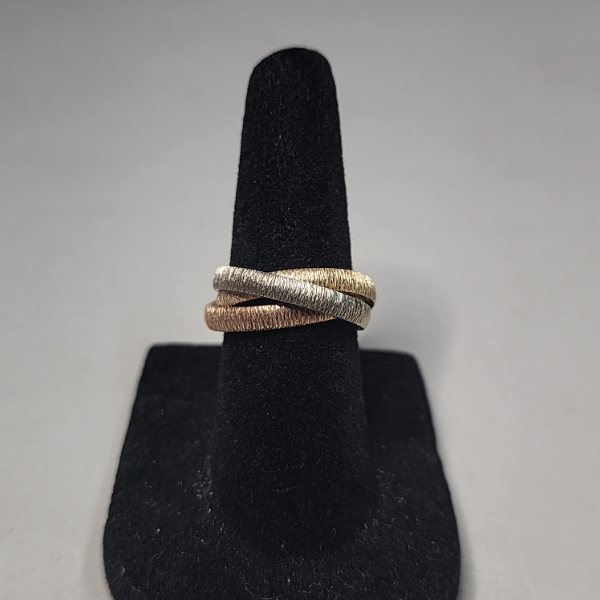 Tri-Toned Ring, Three Interlocking Bands of 14K White, Yellow, & Rose Gold - Size 5 - TW: 6.9g