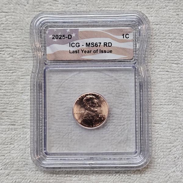 2025-D ICG MS67 RD Last Year Of Issue Lincoln Shield Cent