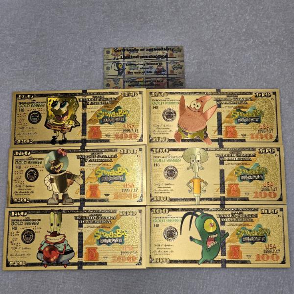 A Set of 6 24k Gold-Foil Banknotes featuring SpongeBob SquarePants Characters with CoA
