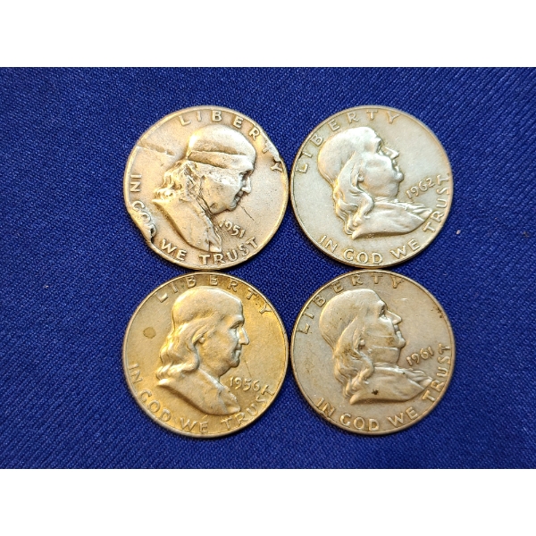 x4 Assorted Years 90% Silver Franklin Half Dollars - Face Value: $2.00