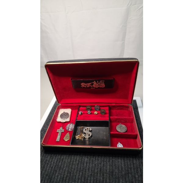 Jewelry Box With Assorted Necklace Pendants, Pins, Money Clips & Saint Joseph Medals