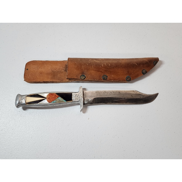 Vintage Hunting Knife With Detailed Stone Details Handle and Leather Case
