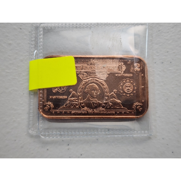 $2 Washington Silver Certificate 1 oz Copper Bar