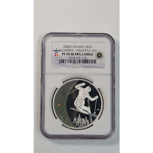 NGC 2008 PF 70 ULTRA CAMEO Royal Canadian Mint $25 Freestyle Skiing Sterling Silver Hologram Coin