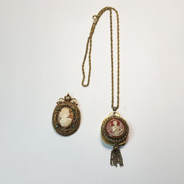 Gold-Tone Cameo Jewelry: Large Pin Brooch & Lucerne Swiss-Made Pendant Watch 
