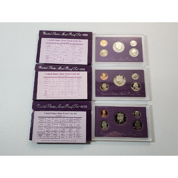x3 United States Mint Proof Sets: 1991, 1992, 1993 In Original Packaging w/ CoA