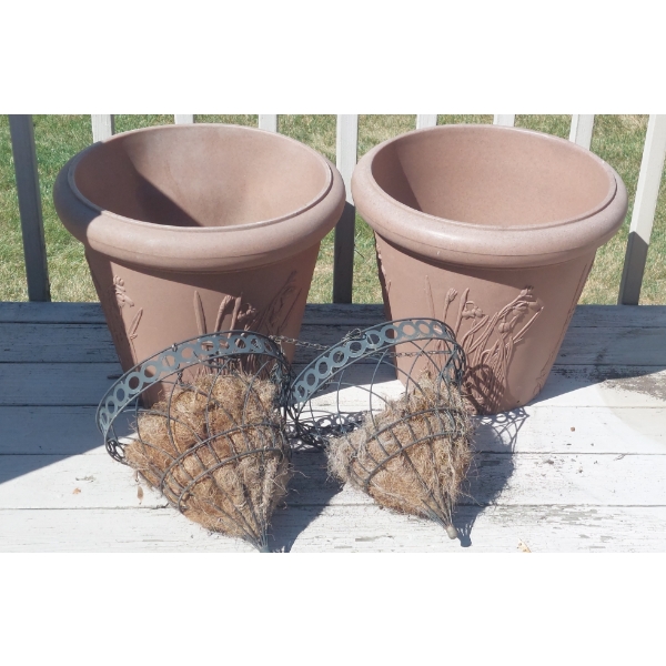 As Shown - 2  Large Molded Planter Pots & 2 Hanging Wire Frame Planters