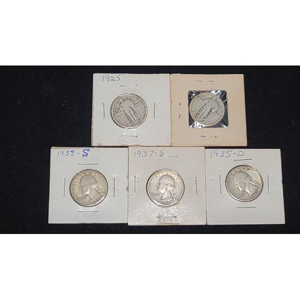 Assorted Years Standing Liberty & Washington Head Silver Quarters - Face Value: $1.25