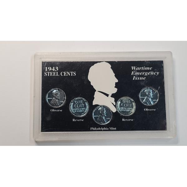 1943 Wartime Emergency Issue Steel Cent Set Featuring All Three Mints - Face Value: $0.05