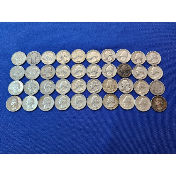 Lot of Assorted Year Silver Quarters: Including Standing Liberty, Barber, & Washington FV: $10.00