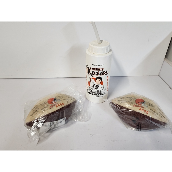 Cleveland Browns Bernie Kosar Water Bottle and Two 2000's Small Footballs