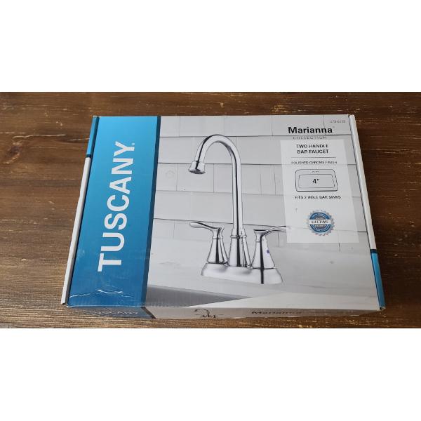Brand New In Box Polished Chrome Finish Tuscany 4" Two Handle Bar Sink Faucet