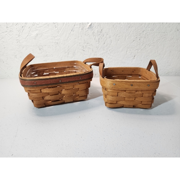(2) Square Longaberger Baskets with Leather Handles and Plastic Liners - Excellent Condition! 