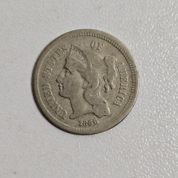 1866 United States Three-Cent Nickel FV: $.03