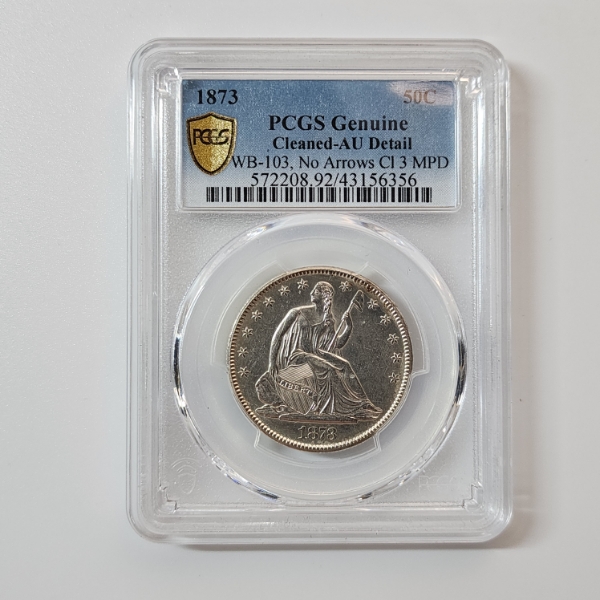 U.S. Better Date 1873 Seated Liberty Half Dollar - 90% Silver - PCGS Genuine Cleaned, AU Detail