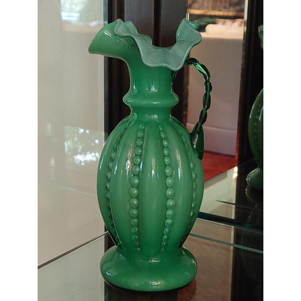 1 Pc Ruffled 9" Tall Green / Clear Cased Glass Pitcher Vase - Perfect Condition