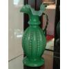 Image 1 : 1 Pc Ruffled 9" Tall Green / Clear Cased Glass Pitcher Vase - Perfect Condition