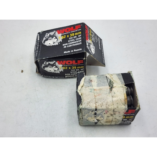 2 Boxes of Wolf 7.62x39mm Rifle Ammunition - 122 Grain HP - Made in Russia