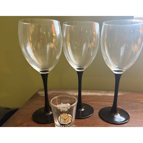 3 wine Glasses & Family Guy Shot Glass
