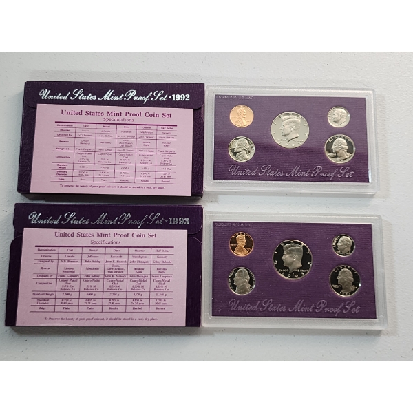 1993 and 1992 United States Mint Proof Sets In Original Packaging With CoA