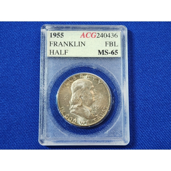 1955 90% Silver Franklin Half Dollar - ACG MS 65 FBL (Full Bell Lines!)