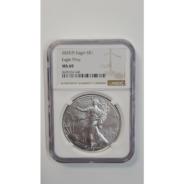 NGC 2025-P MS 69 1 Troy Ounce .999 Fine Silver American Eagle With EAGLE Privy Mark