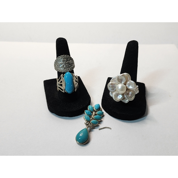 Sterling Silver Rings and Pin: Turquoise and Pearl Flower - Total Weight: 28.4g