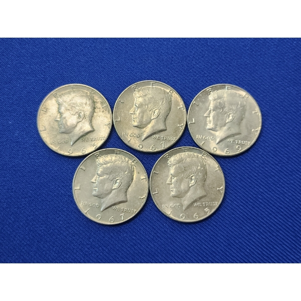 Lot of 5 Assorted Years 40% Silver Kennedy Half Dollars - Face Value: $2.50
