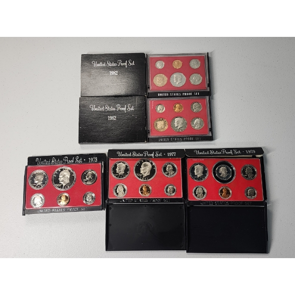Lot of 5 United States Proof Sets: 1982, 1982, 1973, 1977, 1979