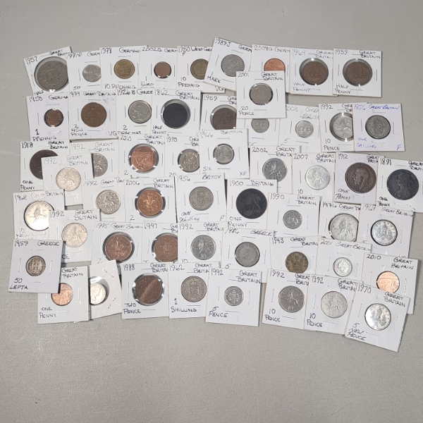 Large Lot of over 50 Assorted World Coins: Germany, Great Britain, Greece