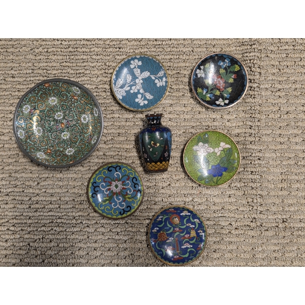 Beautiful Enamel Cloisonne Collection, Small Enamel Vase, And Metal & Enamel Trinket Bowl