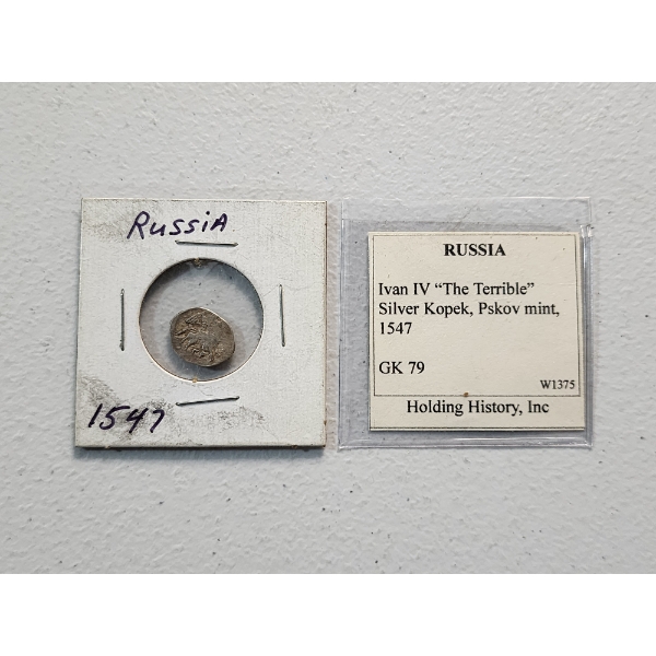 Rare Ancient Silver Coin w/ CoA! 1547 Russia Ivan IV "The Terrible" Silver Kopek, Pskov Mint GK 79