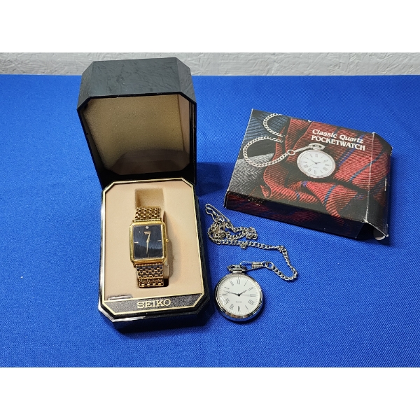 Seiko Gold-Tone Stainless Steel Back Watch & Classic Quartz Pocket Watch