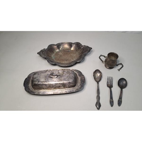 Assorted Silver-Plate Utensils, Butter Dish, Tray & Sugar Bowl - Weight: Approximately 1.4 Ibs