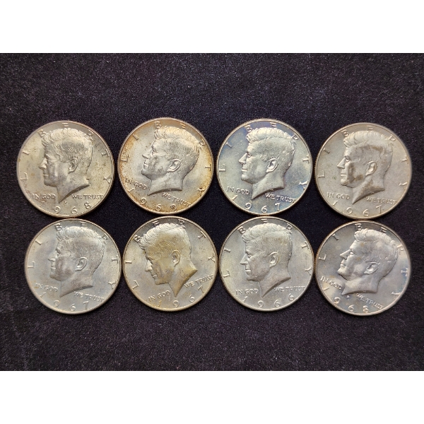 $4 Face Value in 40% Silver Kennedy Half Dollars - 8 Assorted Date Coins! 