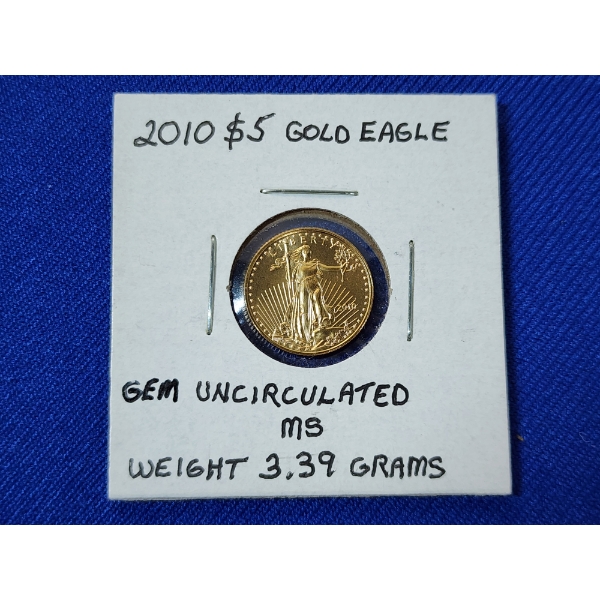 United States 2010 $5 Gold Eagle 1/10th oz Fine Gold - GEM Uncirculated MS 
