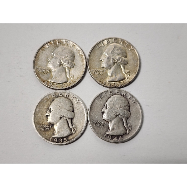 Four Assorted Years 90% Silver Washington Quarters - FV: $1.00