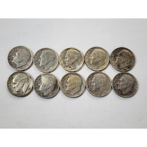 Lot of 10 Assorted Years Roosevelt Dimes - 90% U.S. Silver Coins - FV: $1.00