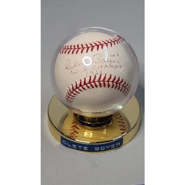 Clete Boyer Autographed Rawlings Baseball In Display Stand