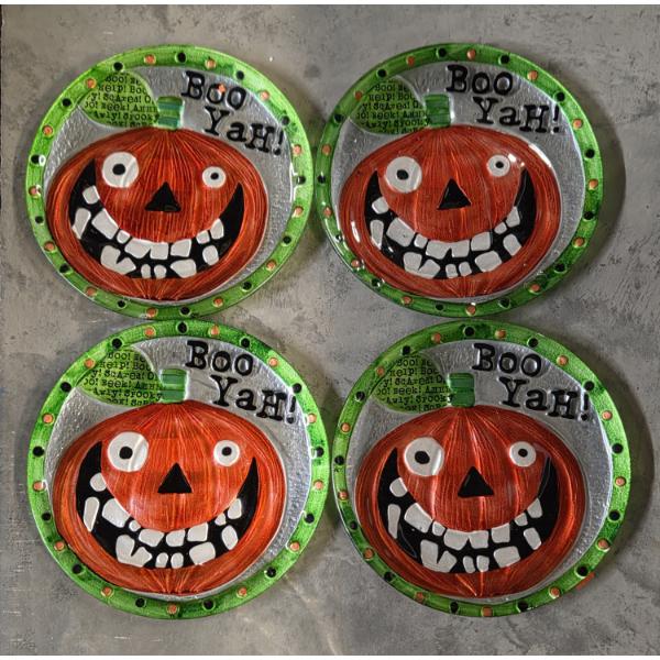 Four Brand New 11'' Glass Jack O Lantern Festive Plates -No Shipping Available 