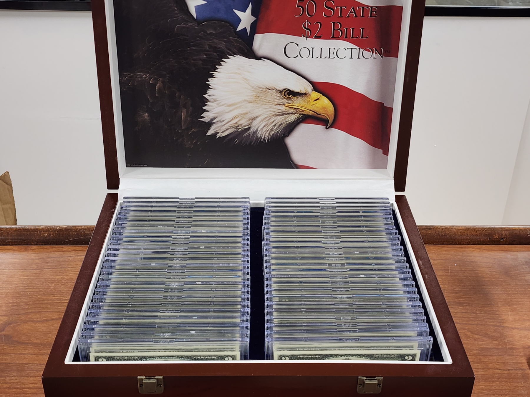 Bill Collection Case 50 State $2 Bill Collection in Hardwood Display Box - $100 Face Value ...