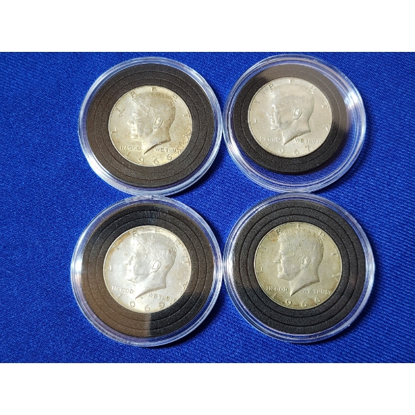 x4 40% Silver Kennedy Half Dollars 1966, 1966, 1967, 1969 In Coin Capsules FV: $2.00