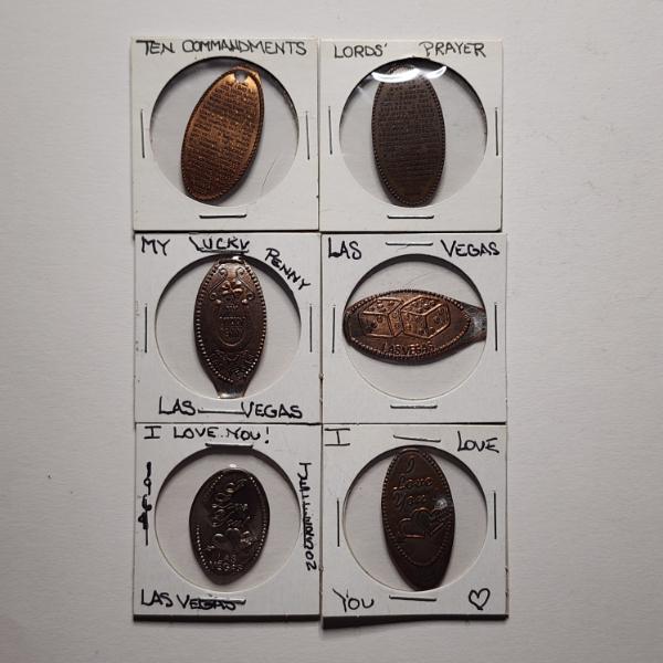 Six Collectible Rolled Pennies Mostly From Las Vegas With 10 Commandments & Lords Payer!