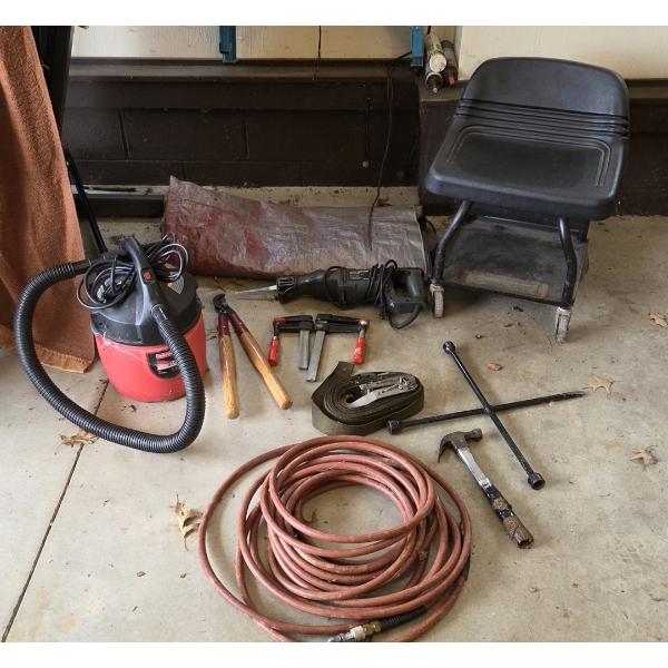 Louisville Home Pickup - Assortment Tools As Shown - Creeper Seat, Clamps, Hammer, Air Hose, .. More