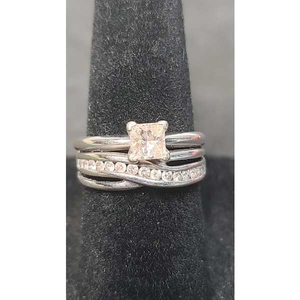 10K White Gold Princess-Cut Engagement Ring With Diamond Channel-Set Wedding Band -Weight: 4.7g