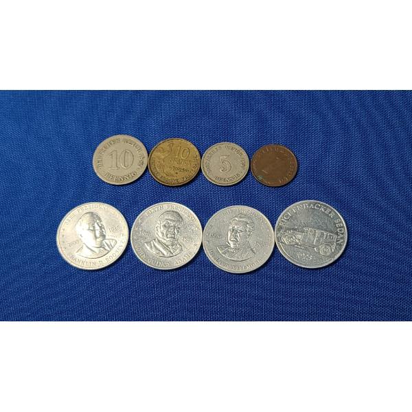 Assorted Foreign Coins Including German Coin & Shell Coin Game/Sunoco Antique Car Coins