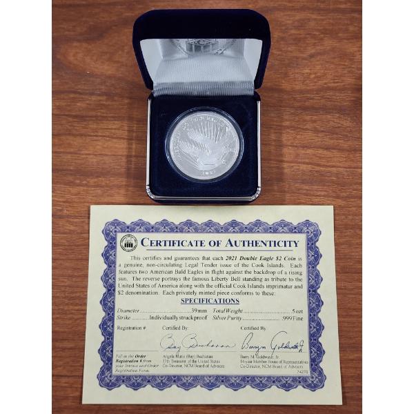2021 Double Eagle $2 Coin Weighing 0.5 Troy Ounces .999 Fine Silver - In Original Box W/ Certificate